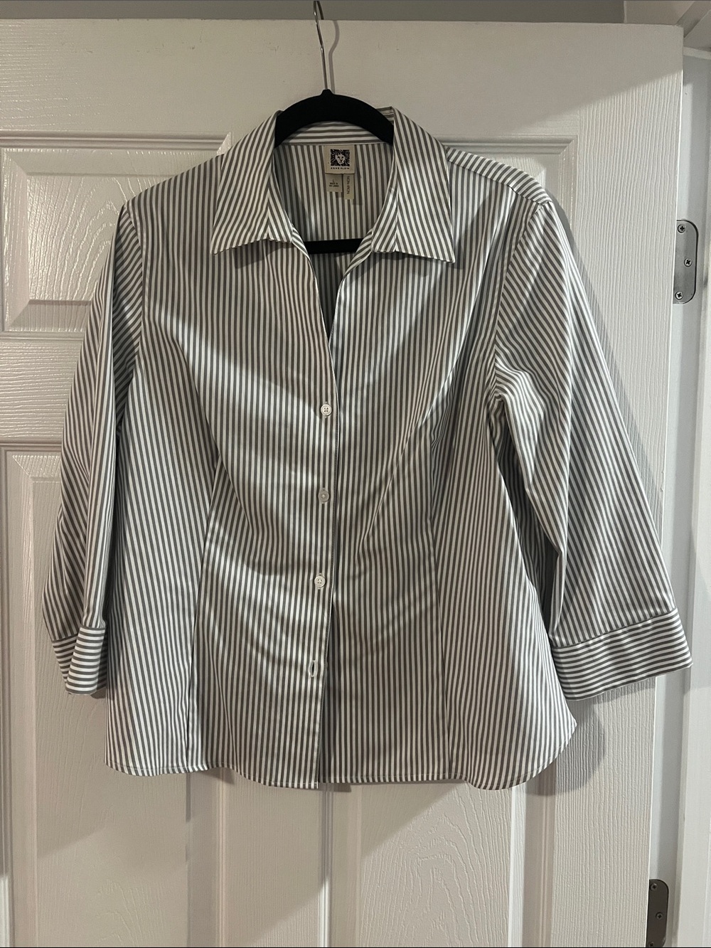 Anne Klein White and Gray Striped Button-Up Top